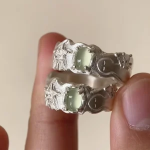 Handmade 999 silver prehnite ring with natural green prehnite gemstone shown in close-up