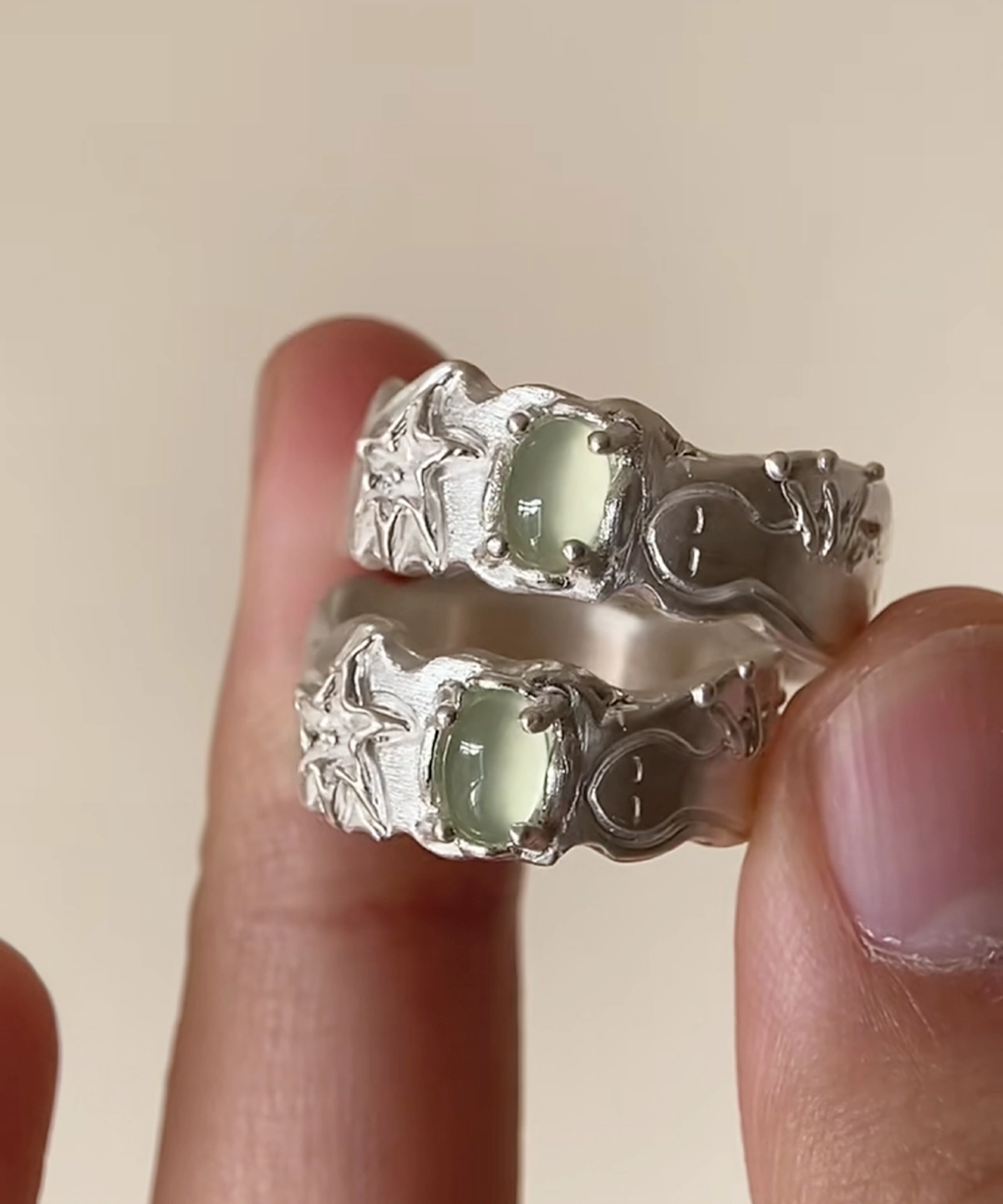 Handmade 999 silver prehnite ring with natural green prehnite gemstone shown in close-up