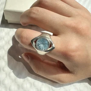 Side view of Six Eyes Ring showing the blue topaz stone and layered S925 sterling silver details