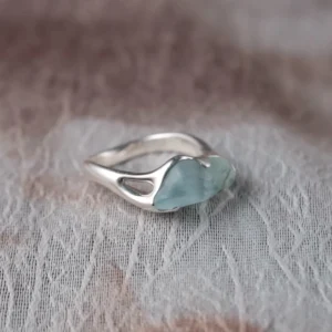 One-of-a-kind natural aquamarine ring handcrafted in S925 sterling silver on textured fabric