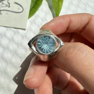 Close-up of Six Eyes Ring featuring a natural blue topaz gemstone set in S925 sterling silver