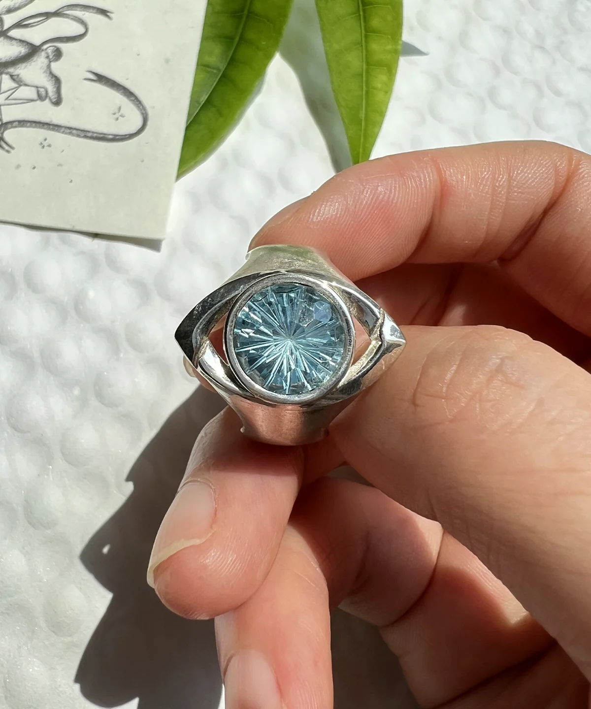 Close-up of Six Eyes Ring featuring a natural blue topaz gemstone set in S925 sterling silver
