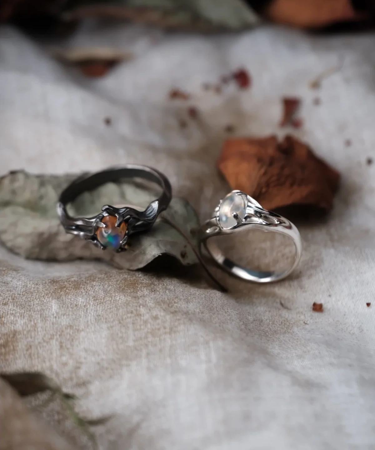 Two handmade natural opal Six Eyes Rings in polished and oxidized S925 sterling silver