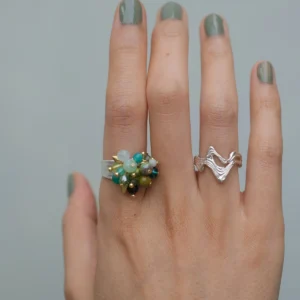 Unripe Green Blackcurrant ring worn on hand with sage green nails