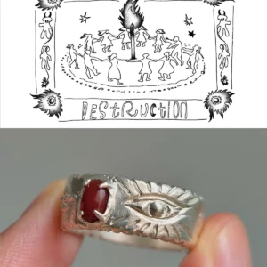 Flowflaw original destruction drawing shown above the finished 999 silver red agate ring