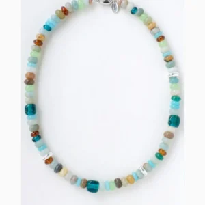 Amazonite and handmade glass bead necklace with silver spacers on white