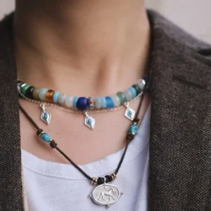Amazonite necklace worn close to the collarbone with separate layered necklaces