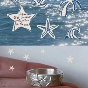 Original seaside drawing above the finished 999 fine silver starfish ring