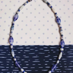 Blue lace agate necklace with grey pearls, blue glass and a silver spiral shell centre