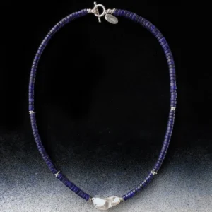 Lapis lazuli necklace with a baroque pearl centrepiece and S925 silver accents