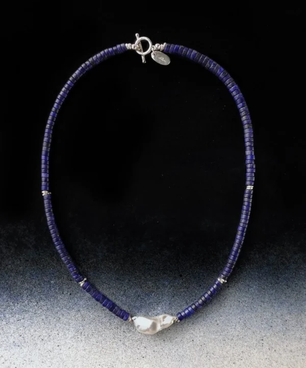 Lapis lazuli necklace with a baroque pearl centrepiece and S925 silver accents