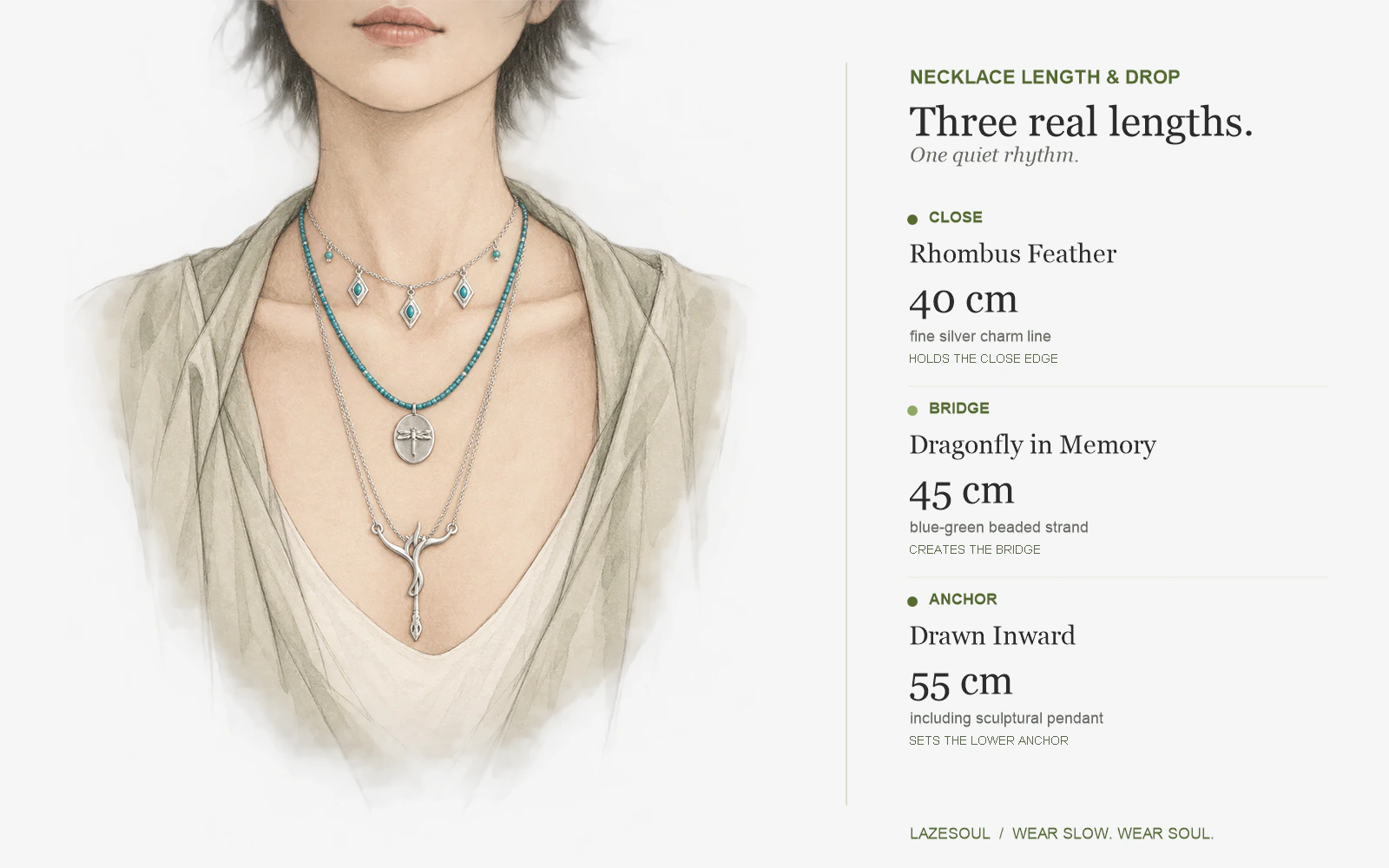 Hand-drawn necklace length guide with Rhombus Feather at 40 cm, Dragonfly in Memory at 45 cm and Drawn Inward at 55 cm