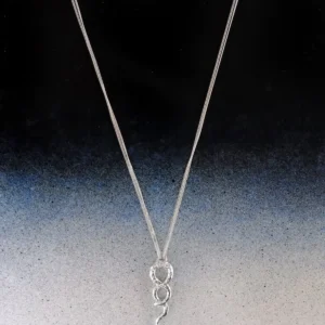 Full-length silver snake necklace displayed against a black and blue background