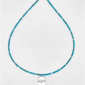 Full view of a sterling silver dragonfly necklace with blue-green glass beads
