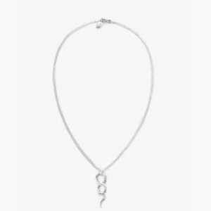 Full view of a sterling silver snake pendant necklace on white