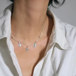 Sterling silver turquoise necklace worn alone, showing the five-drop arrangement