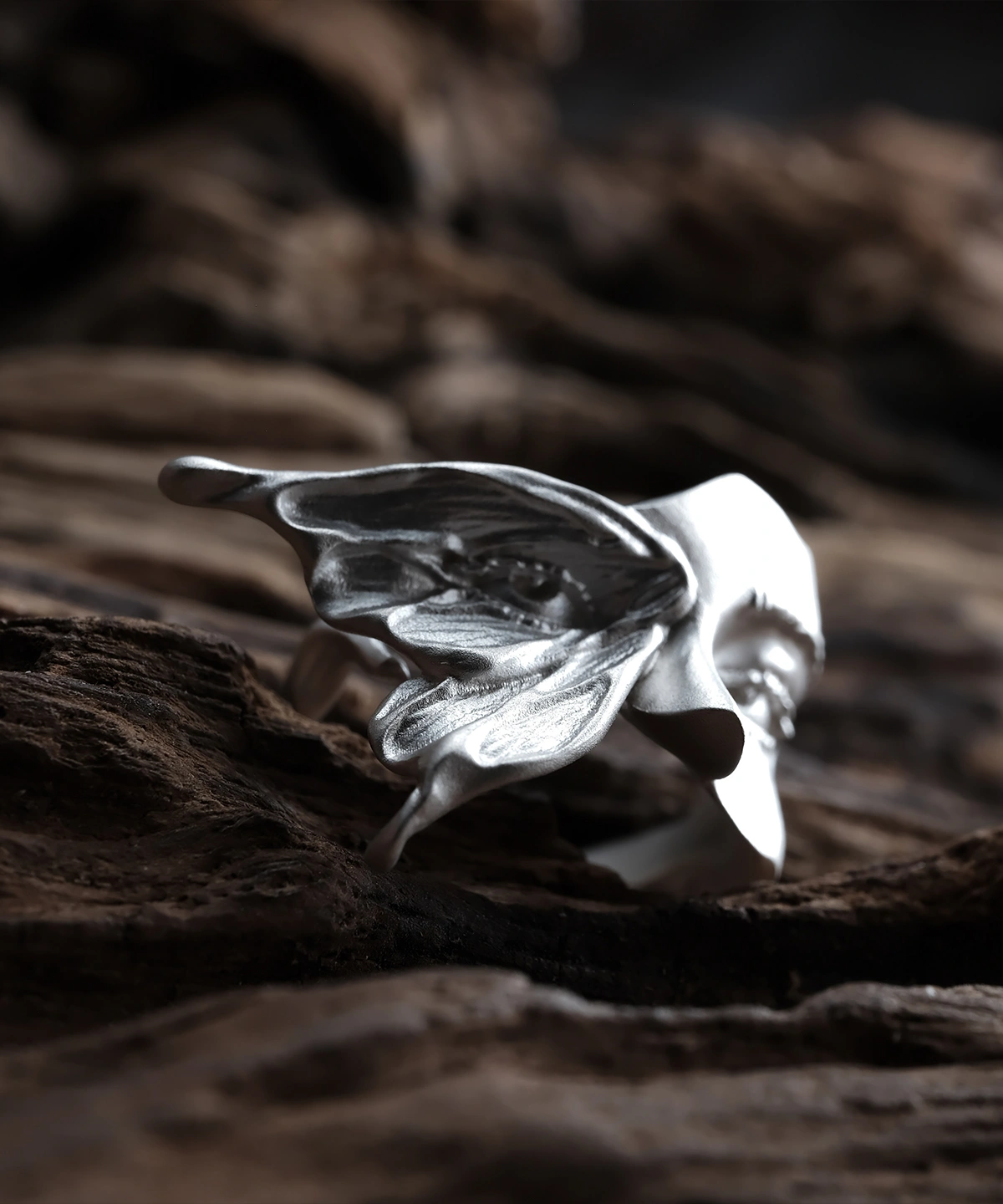 Close-up of the textured moth wing and eye-like mark on the Gaze silver ring, with the face behind