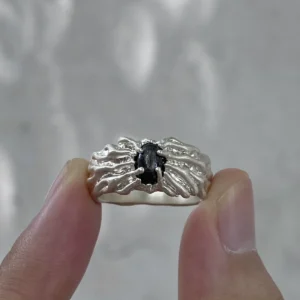 Hypersthene ring with an oval black stone and flowing silver ridges, held between two fingers against a grey background.