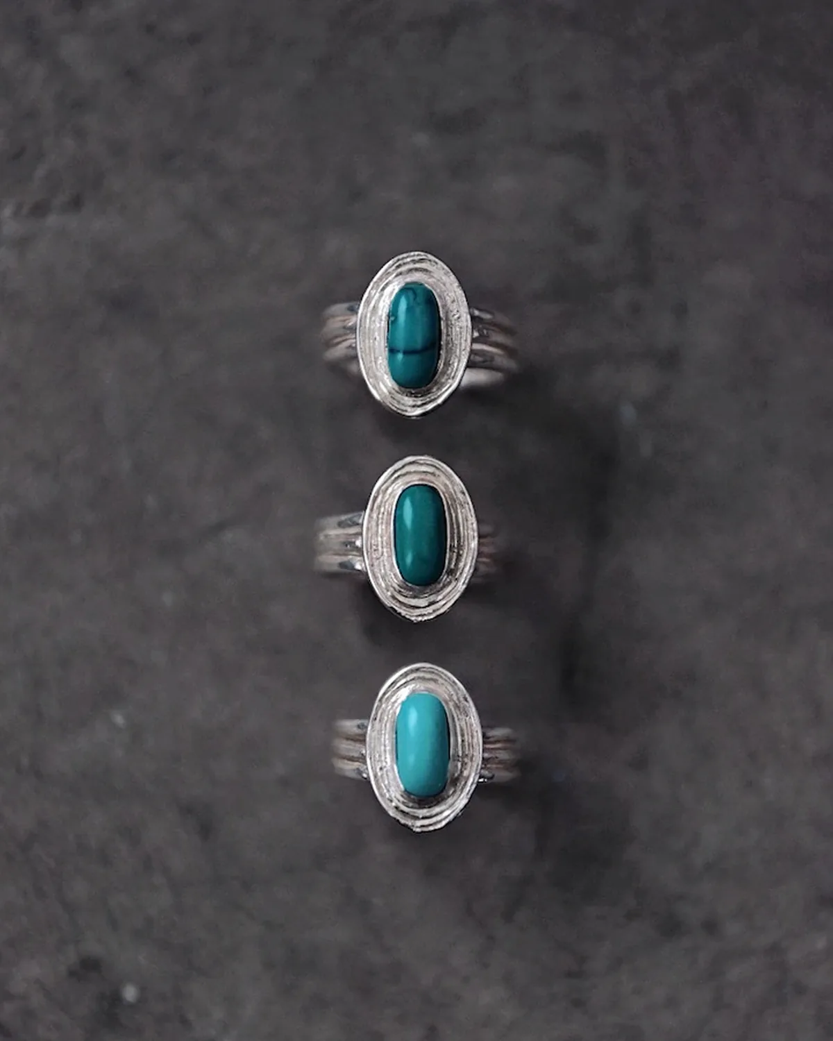 December Birthstone Turquoise Ring Three silver rings with natural turquoise stones in different blue-green shades