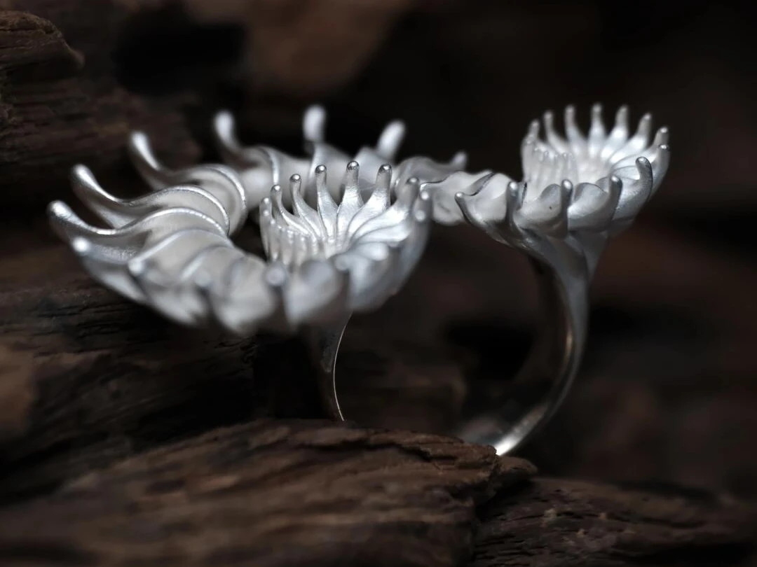 Twin Spiral Ring — After Cleaning, Side Side view of the cleaned twin spiral silver ring resting on driftwood