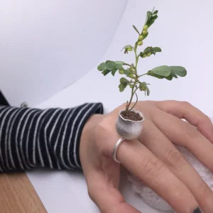 Silver flower pot ring worn on a finger with a leafy green plant